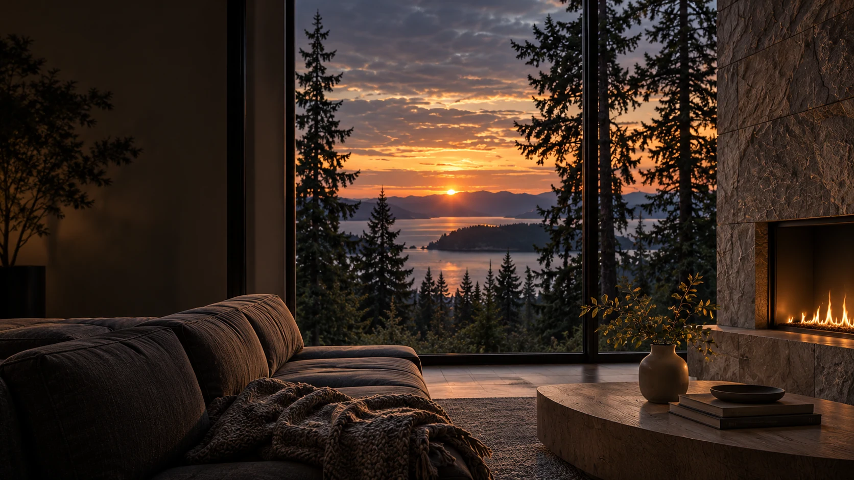 Warm natural materials and a waterfront view