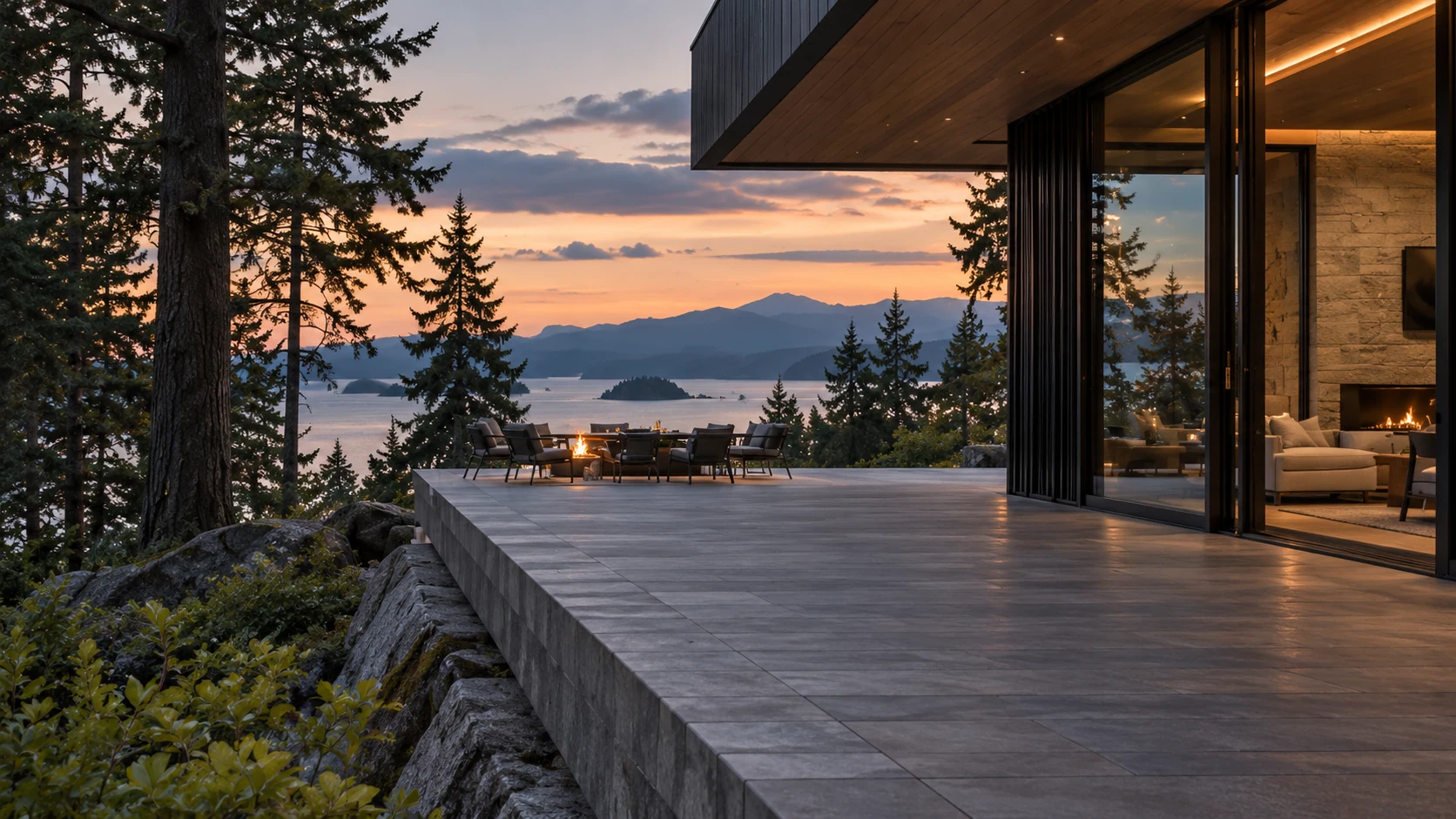 A waterfront terrace at dusk
